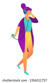 Mujer de negocios con auriculares escuchando música y baile, diminutas personas isométricas ilustración 3D. Mujer bonita disfrutando del concepto de música, ocio y entretenimiento. Aislado sobre fondo blanco.