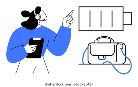 Businesswoman with headset holding clipboard and pointing at battery icon, briefcase on desk. Ideal for business, presentations, technology, office equipment, work-life balance, modern workspaces