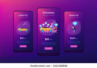 Businesswoman with heart likes using autonomos car with technology icons. Autonomous car, self-driving car, driverless robotic vehicle concept. Mobile UI UX GUI template, app interface wireframe