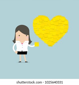 Businesswoman with Heart shape yellow sticky notes. vector