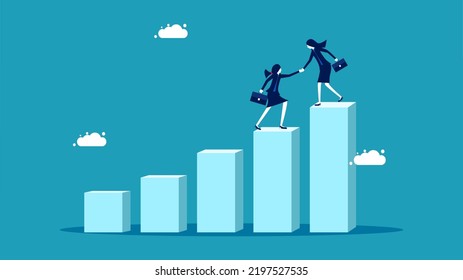 businesswoman help employees climb stairs. Support to achieve goals. Businesswoman support team members to achieve goals 