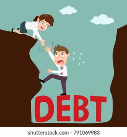 Businesswoman helping another businessman climb up from debt hole, illustration vector cartoon