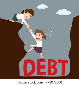 Businesswoman helping another businesswoman climb up from debt hole, illustration vector cartoon