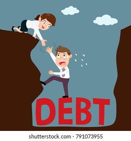 Businesswoman helping businessman climb up from debt hole, illustration vector cartoon