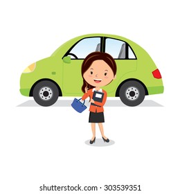 Businesswoman and her car. Vector illustration of a woman standing near a car.