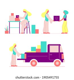 A businesswoman in her closed shop packs product for delivery. Service for customers. Shop is open for delivery only. small business during the quarantine.