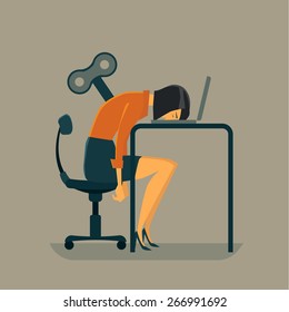 Businesswoman Her Head On A Laptop Keyboard With Wind Up Key Boring Job. Vector, Illustration.