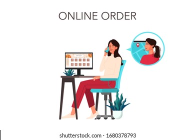 Businesswoman at her work place call to food delivery service. Online order and delivery concept. Order in the internet and wait for courier. Vector illustration in cartoon style