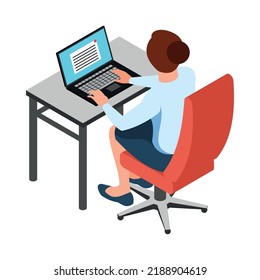 Businesswoman at her work place in office back view 3d isometric vector illustration