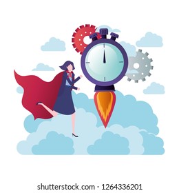 businesswoman with hero cape and chronometer with rocket