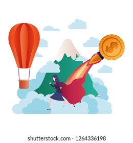 businesswoman with hero cape and mountain