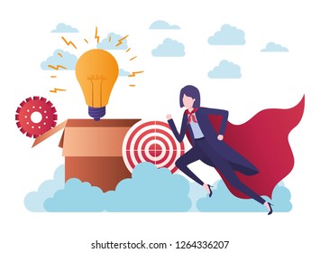 businesswoman with hero cape and target shooting