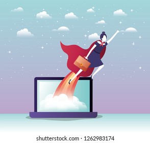 businesswoman with hero coat flying in laptop