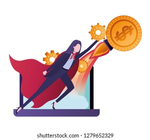businesswoman with hero coat and rocket