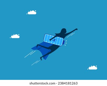 Businesswoman hero takes to the sky with full power. Vector