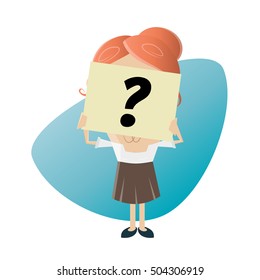 businesswoman hiding her face behind a question mark note