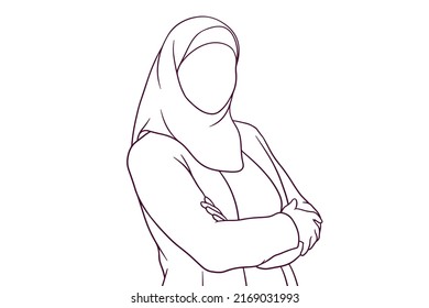 businesswoman in hijab standing with crossed arms. hand drawn style vector illustration