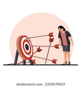 Businesswoman hit Many arrows missed target mark, business challenge failure metaphor, multiple failed and inaccurate attempts to hit archery target.