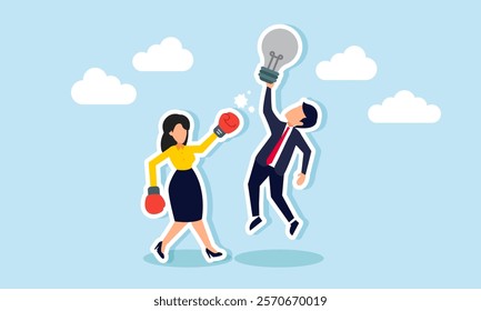 A businesswoman hits a businessman holding an unlit lamp with boxing gloves, illustration of rejecting business ideas irrelevant to the company's vision and mission