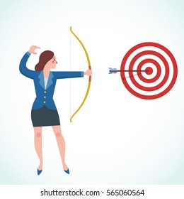 Businesswoman Hits the Sales Target. Vector illustration of flat styled Businesswoman hitting the corporate Sales Charts with a bow and arrow.