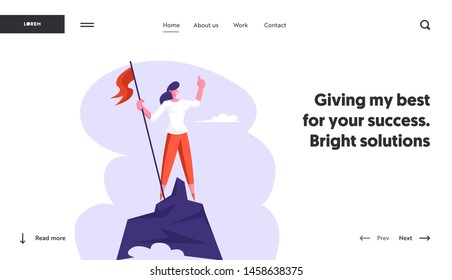 Businesswoman Hoisted Red Flag on Mountain Top. Business Woman on Peak of Success. Leadership, Winner, Goal Achievement, Concept Website Landing Page, Web Page. Cartoon Flat Vector Illustration Banner