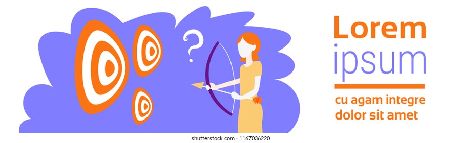 Businesswoman hold bow aim archer shooting goal concept business woman question marks horizontal banner copy space portrait cartoon character flat vector illustration