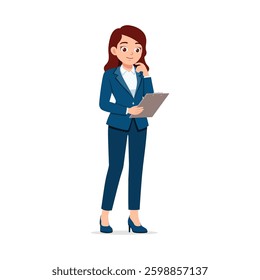 Businesswoman hold clipboard and thinking pose in full body illustration