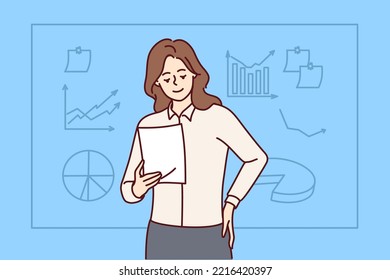 Businesswoman hold document make business presentation near board in office. Smiling female speaker with paperwork present near whiteboard. Vector illustration. 