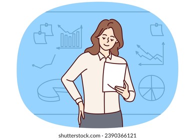 Businesswoman hold document make business presentation near board in office. Smiling female speaker with paperwork present near whiteboard. Vector illustration.