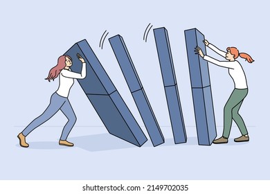 Businesswoman hold domino prevent from falling down. Concept of domino effect and chain reaction. Risky business project or idea, financial company crisis. Flat vector illustration. 