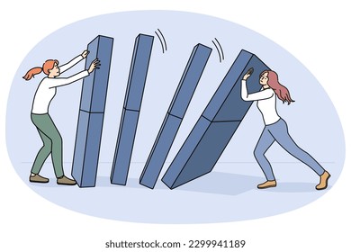 Businesswoman hold domino prevent from falling down. Concept of domino effect and chain reaction. Risky business project or idea, financial company crisis. Flat vector illustration.