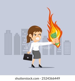  Businesswoman hold and looking at burning money. Financial bankruptcy or financial failure crisis. Flat, Vector, Illustration, Cartoon, EPS10.   