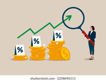 Businesswoman hold magnifying with pile of coins symbol. Interest rate hike due to inflation percentage rising up. Flat vector illustration. 