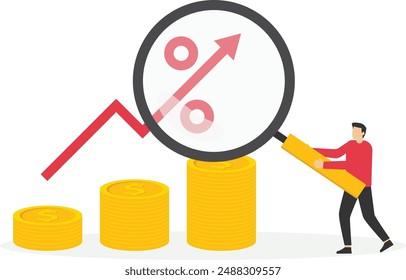 Businesswoman hold magnifying with pile of coins symbol. Interest rate hike due to inflation percentage rising up. Flat vector illustration.

