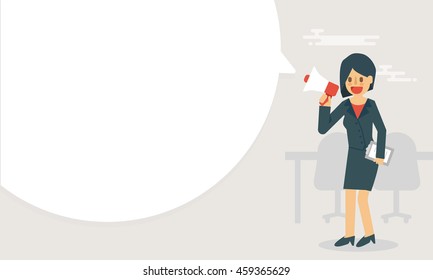 Businesswoman hold a megaphone announce with big bubble speech vector illustration