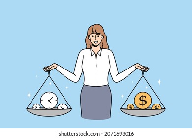 La empresaria sostiene una balanza en las manos, encuentra el equilibrio perfecto entre el dinero y el tiempo. La exitosa trabajadora feliz tiene armonía en el trabajo y en la vida. Ilustración vectorial, personaje de dibujos animados. 