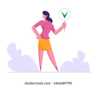 Businesswoman Hold Sign with Green Check Mark, Yes Symbol, Girl Agreed with Social Opinion, Voting, Election, Politics Decision, Public Relations Concept, Woman Choice Cartoon Flat Vector Illustration