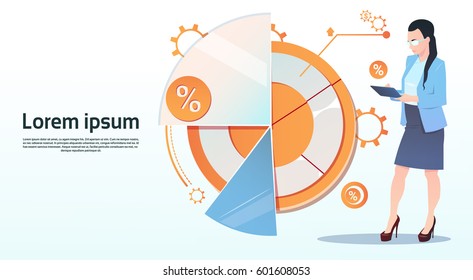 Businesswoman Hold Tablet Computer Visualization Analysis Finance Graph Financial Business Chart Copy Space Flat Vector Illustration