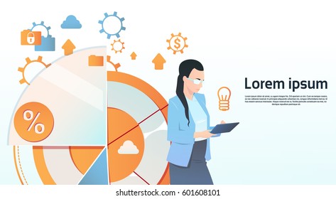 Businesswoman Hold Tablet Computer Visualization Analysis Finance Graph Financial Business Chart Copy Space Flat Vector Illustration