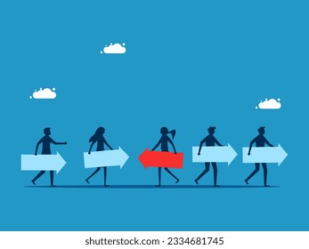 Businesswoman holding arrows pointing in different directions 