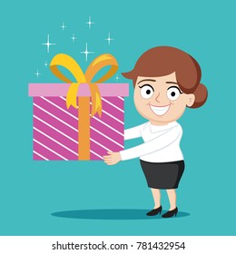 Businesswoman holding big gift box, illustration vector cartoon