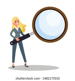 Businesswoman holding a big magnifier glass. Idea of search and analysis. Beautiful female. Isolated flat vector illustration