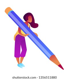 Businesswoman holding big pencil and writing, tiny people isometric 3D illustration. Copywriter and blogger, interviewer and journalist, writer and editor concept. Isolated on white background.