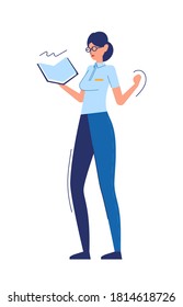 Businesswoman holding book. Color vector cartoon flat illustration isolated on white,