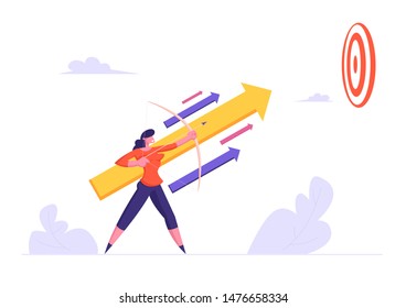 Businesswoman Holding Bow Aiming Arrow to Target Up in Sky, Business Goals Achievement Aim Mission, Opportunity and Challenge, Task Solution Business Strategy Concept. Cartoon Flat Vector Illustration