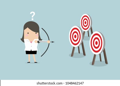 Businesswoman holding bow and arrow confused by multiple bulls eye target. vector