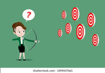 Businesswoman holding bow and arrow and confused with multiple targets, Cannot focus or choose target to shoot at, Cartoon vector illustration