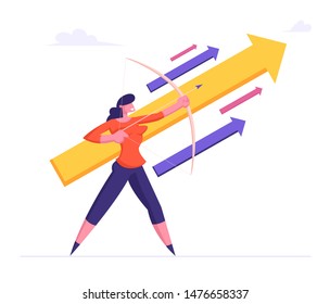 Businesswoman Holding Bow Direct Arrow Up to Sky. Aim in Business Strategy, Aspirational People Mission Achieved. Challenge Task Solution Opportunity Goals Achievement Cartoon Flat Vector Illustration