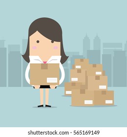 Businesswoman holding a box for shipping, vector