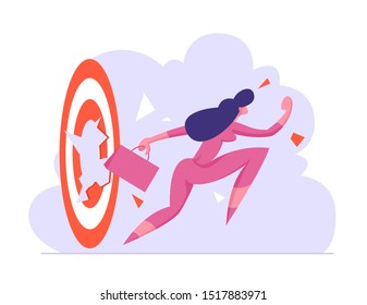 Businesswoman Holding Briefcase Punch Through Huge Target in Center. Business Goals Achievement, Aim, New Level Career Boost, Challenge Business Strategy Task Solution. Flat Vector Illustration